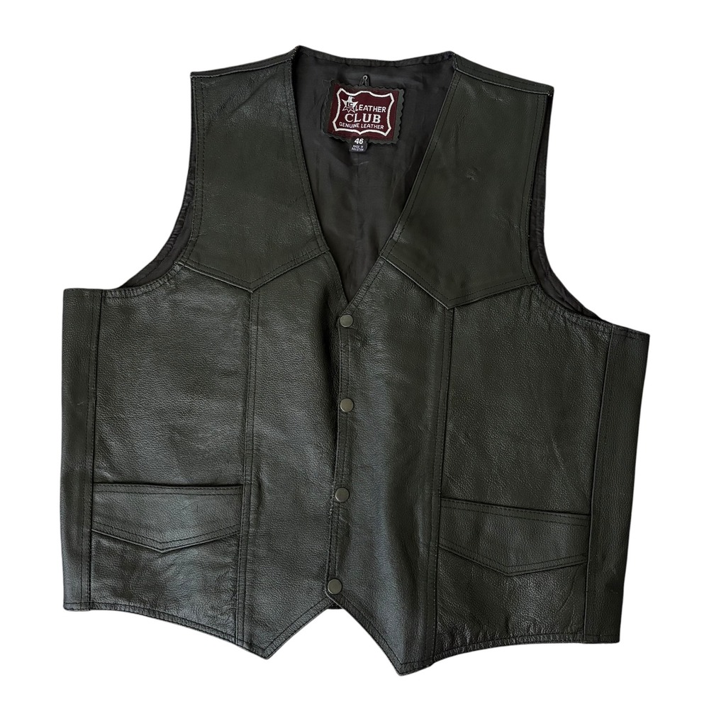 Leather Club Vintage Mens Black Genuine Leather Biker Vest Western Snaps SZ 46